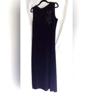 Vintage black velvet maxi dress with rose detail large